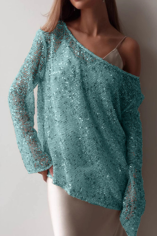 Fashionable Sequined Cutout Casual Long-sleeved Loose Cover-up Top-consonak