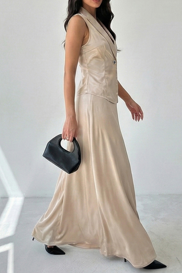 Satin Solid Color Sleeveless Button-down Vest and Elegant Draped Maxi Skirt Set-consonak
