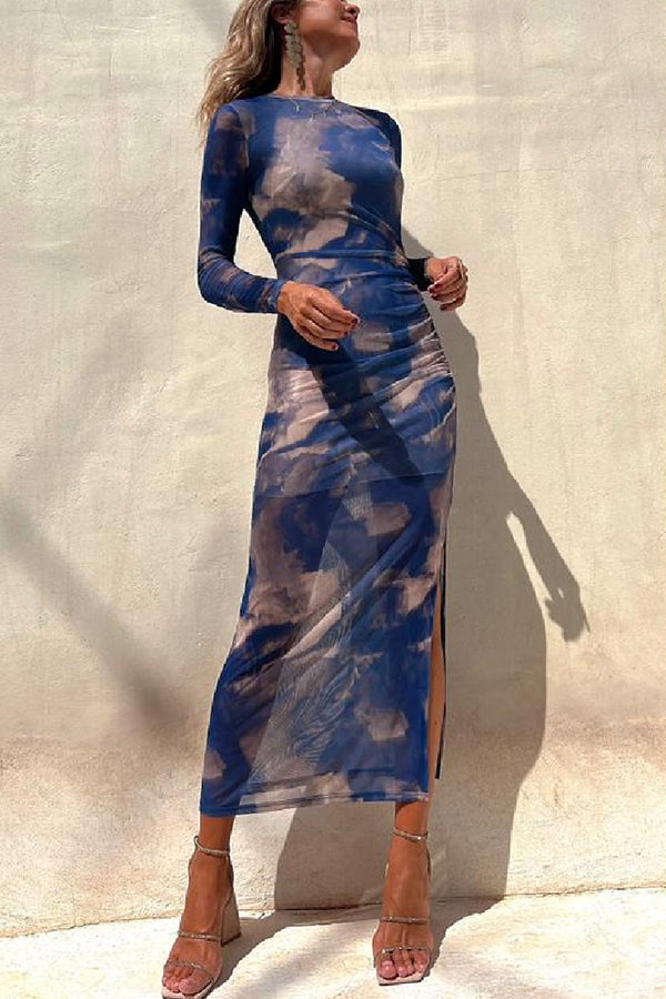 Charm Lady Mesh Overlay Tie Dye Print Long Sleeve Ruched Stretch Midi Dress-consonak
