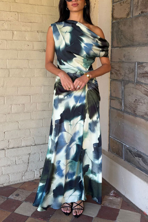 Unique Print Asymmetrical Off-Shoulder Pleated Waist Casual Maxi Dress