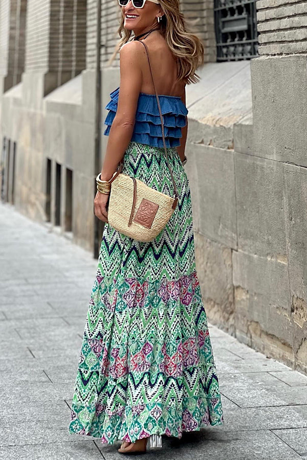 Courtyard Dreaming Bohemian Print Elastic Waist Tassel Maxi Skirt-consonak