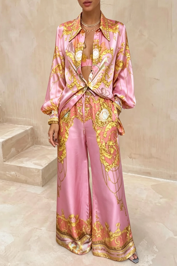 Mermaid Motel Unique Print Long Sleeve Loose Shirt and Elastic Waist Pants Set-Consonak