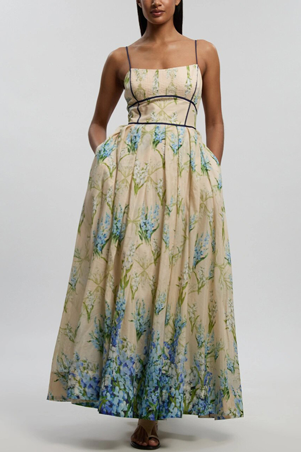 Shari Linen Blend Floral Print Colorblock Strappy Pocket Maxi Dress