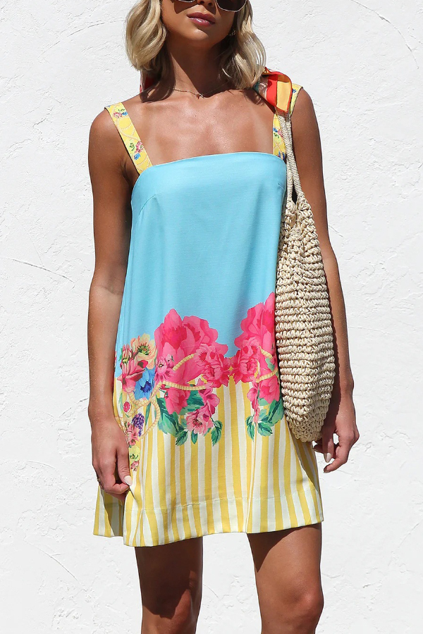 Floral Striped Print Square Neck Backless Loose Mini Dress