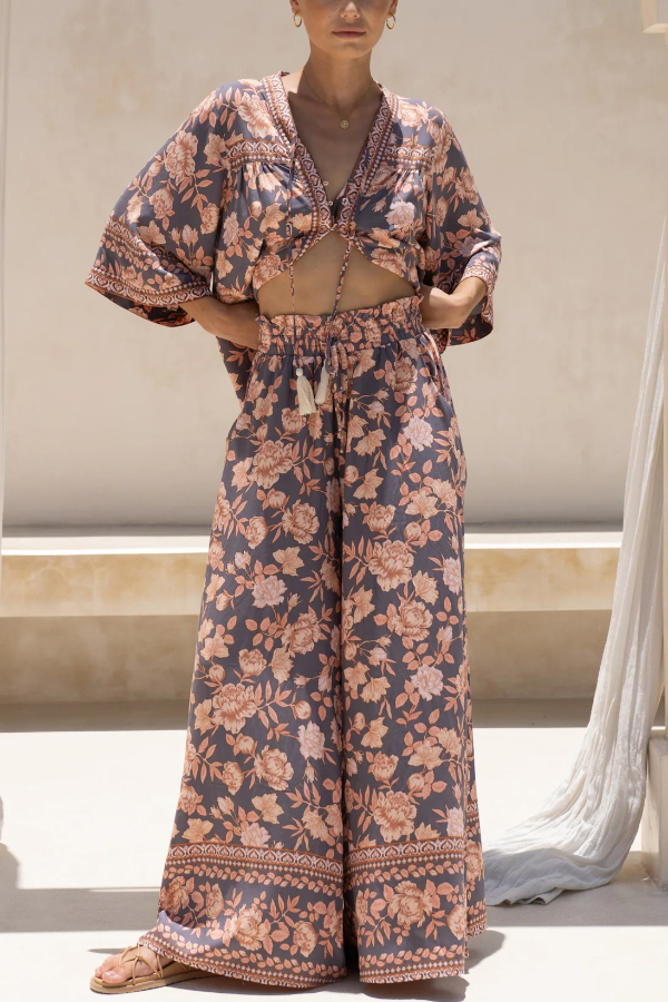 Floral Print Casual Elastic Waist Pocket Loose Wide-leg Pants-consonak