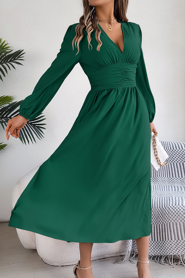 Solid Color V-neck Long-sleeved Fitted Waist Slit Elegant Midi Dress-consonak