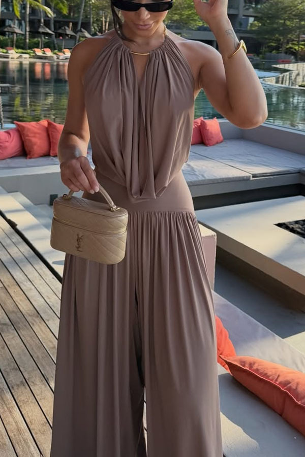 Lightweight Chic Metal Ring Drape Cowl Halter Neck Bodysuit and Elastic Waist Wide Leg Pants Set-consonak