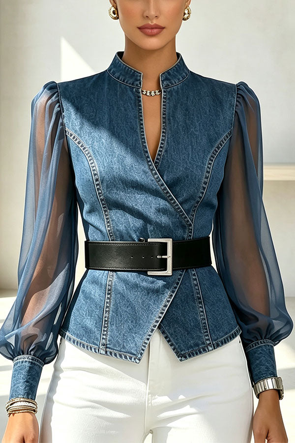 Faux Denim & Sheer Tulle Sculpted Crossover Blouse-Consonak