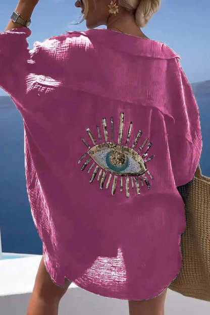 Summer Breeze Linen Blend Sequin Magic Eye Desig Oversized Relax Shirt-consonak