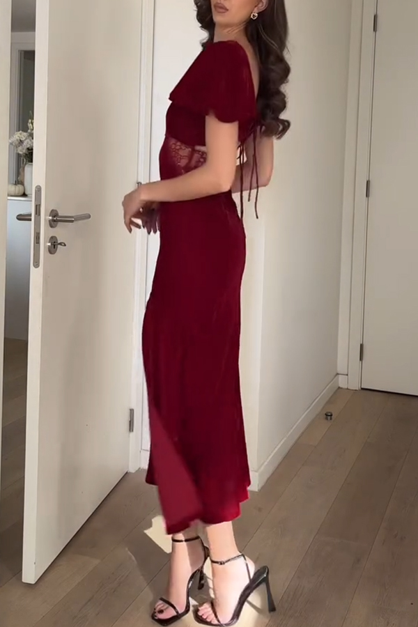 Yumi Velvet Lace Patchwork Bell Sleeve Back Lace-up Slit Midi Dress-consonak