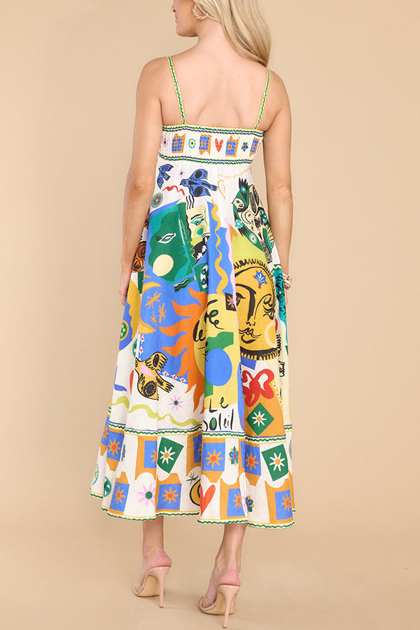 Joyful Glow Goddess Linen Blend Unique Print Pocketed Smocked Back Midi Dress-consonak