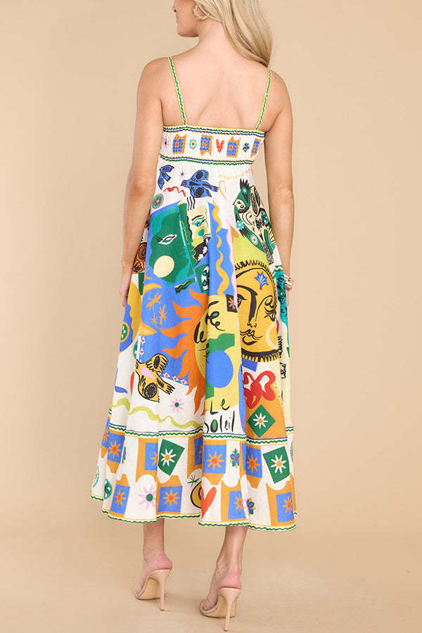 Joyful Glow Goddess Linen Blend Unique Print Pocketed Smocked Back Midi Dress-consonak