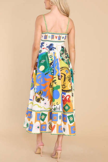 Joyful Glow Goddess Linen Blend Unique Print Pocketed Smocked Back Midi Dress-consonak