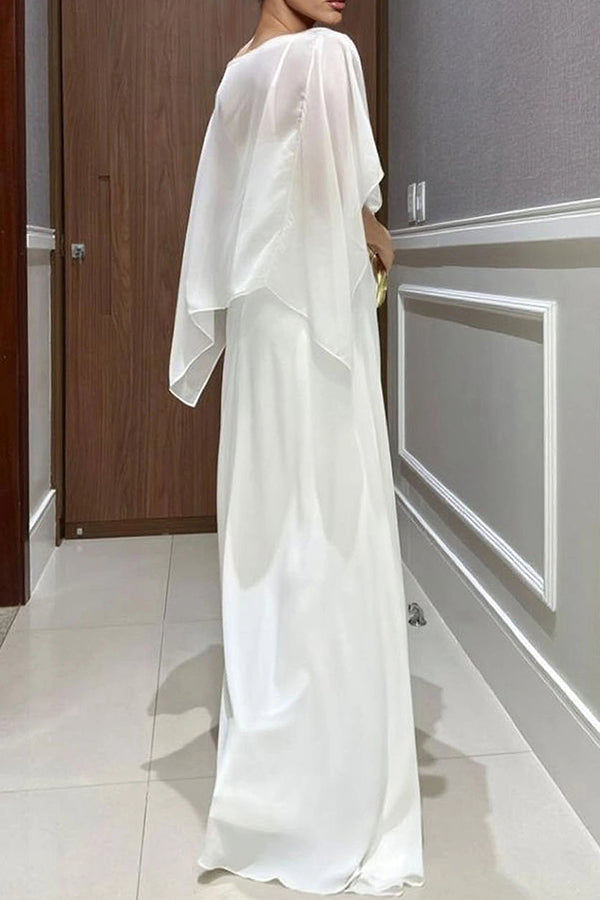 Vivian Chiffon Cape Top and  Metal Buckle Wrap Wide-Leg Pants Set