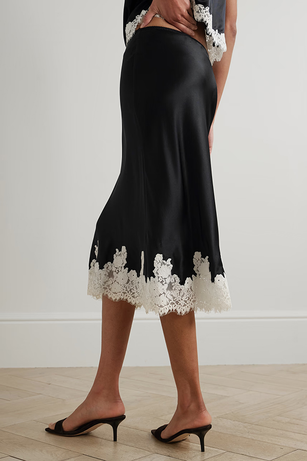 Celebration Look Contrast Color Satin Lace Trim Elastic Waist Drape Midi Skirt-consonak