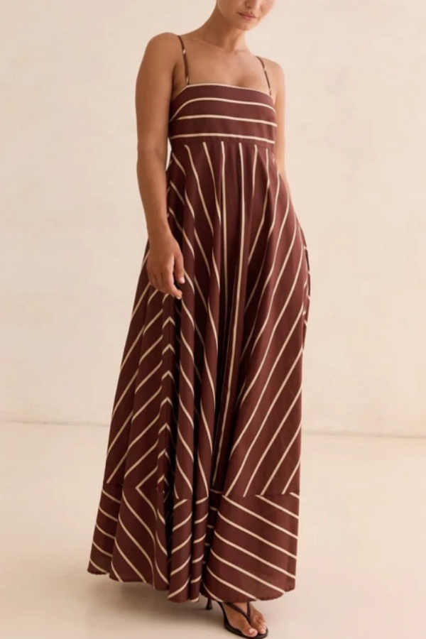 Striped Print Square Neck Spaghetti Strap High Waist Casual Maxi Dress-consonak