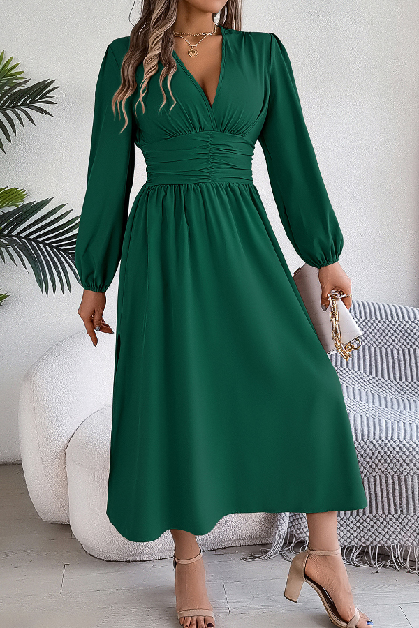 Solid Color V-neck Long-sleeved Fitted Waist Slit Elegant Midi Dress-consonak