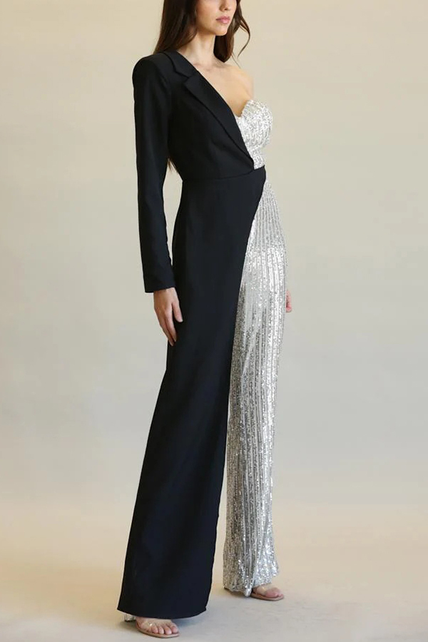 Fashionable Sequined Patchwork One-sided Long-sleeved Asymmetrical Jumpsuit-consonak