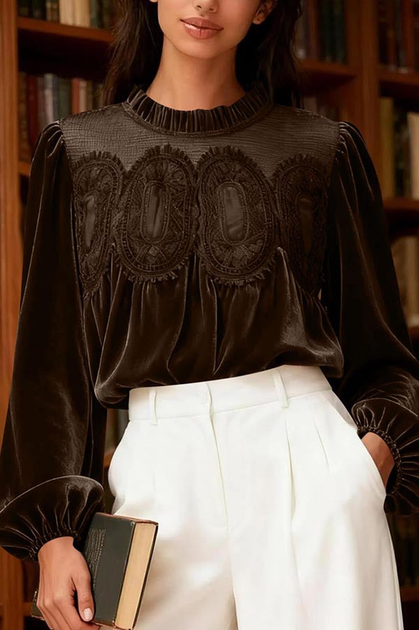 Fashionable Velvet and Lace Patchwork Loose Long-sleeved Top-consonak