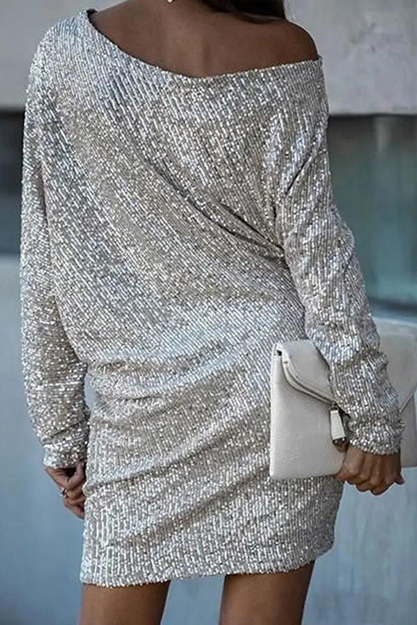 Solid Sequined Off-shoulder Loose Mini Dress | Consonak