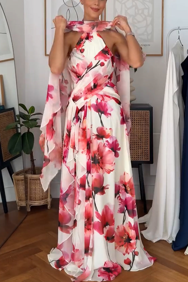 Blooming Petals Chiffon Floral Print Crinkle Cross Front Drape Ruffles Scarf Maxi Dress-consonak