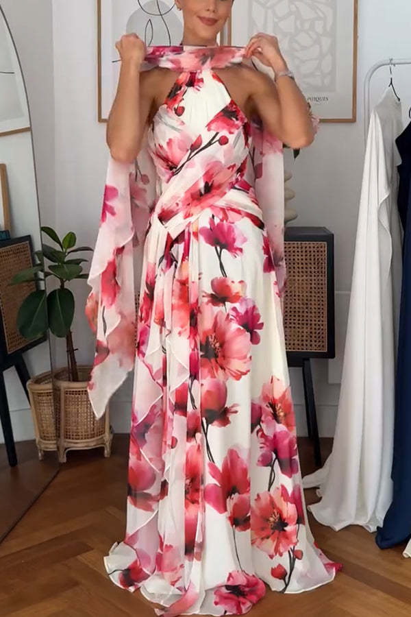 Blooming Petals Chiffon Floral Print Crinkle Cross Front Drape Ruffles Scarf Maxi Dress
