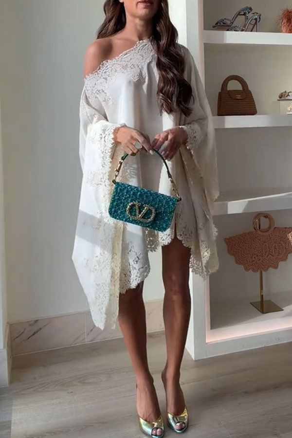 Like A Swan Satin Lace Trim Off Shoulder Wide Sleeve Cape Top-consonak