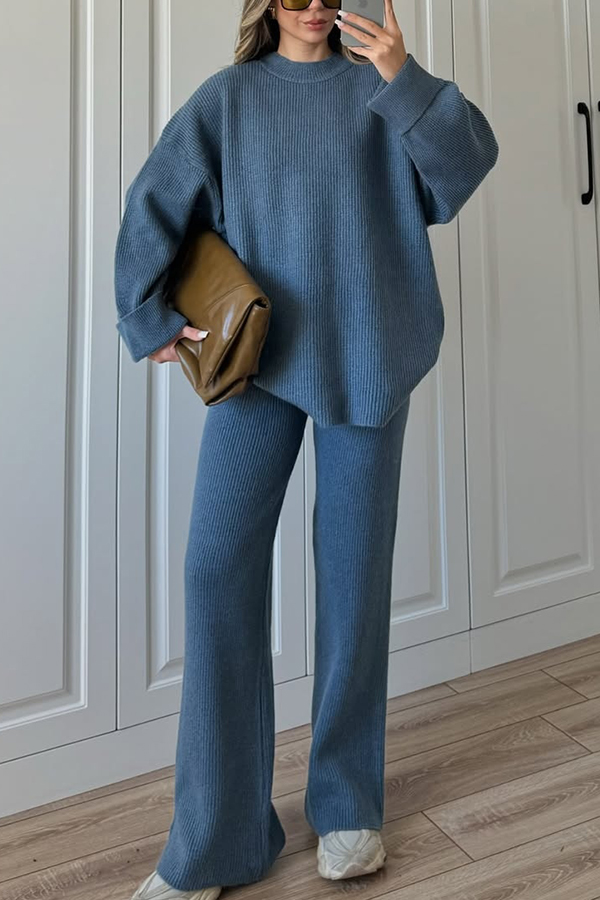 Solid Color Loose Long-sleeved Knit Top and Elastic Waist Casual Straight Leg Pants Set-consonak