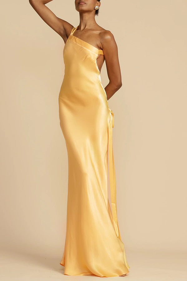 Moonlit Soiree Satin Asymmetrical One Shoulder Backless Strap Maxi Dress | Consonak
