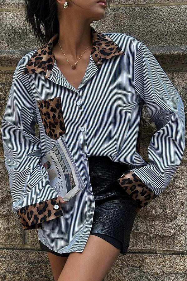 Stylish Striped Leopard Print Patchwork Loose Casual Long-sleeved Shirt-consonak