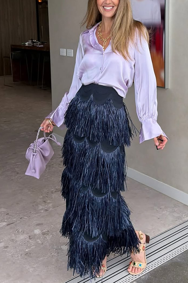 Freestyle Dance Steps Layered Tassels High Rise Back Zipper Slit Maxi Skirt-consonak