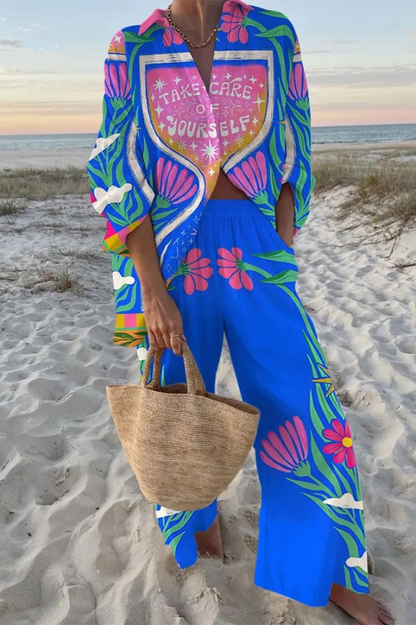 Vine Flowers Print Oversized Shirt and Elastic Waist Pocket Pants Set