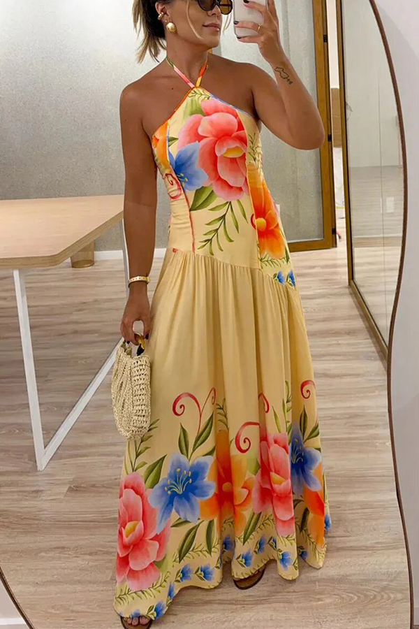 Lennora Floral Print Back Smocked Halter Tie-up Maxi Dress