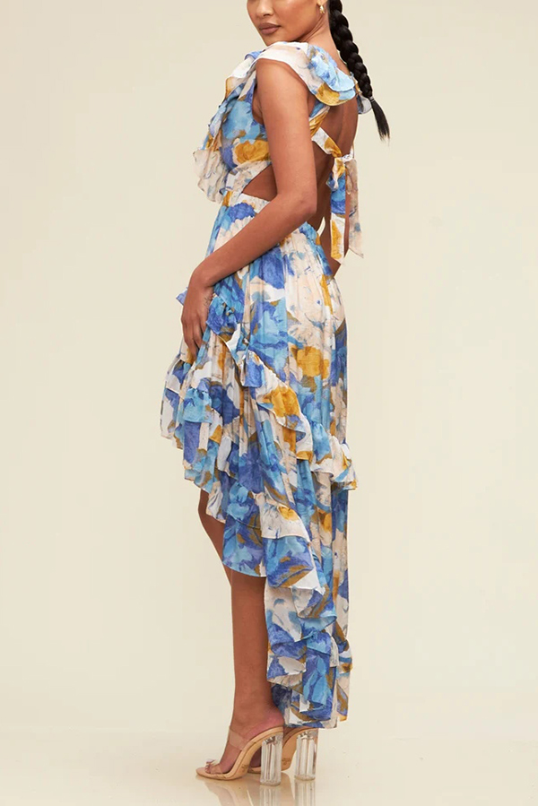 Boho Floral Print Sexy V-neck Backless Resort Maxi Dress-consonak