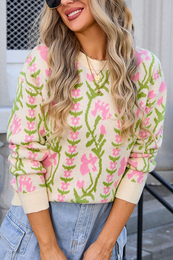 Fashionable Floral Knitted Crew Neck Casual Sweater-consonak