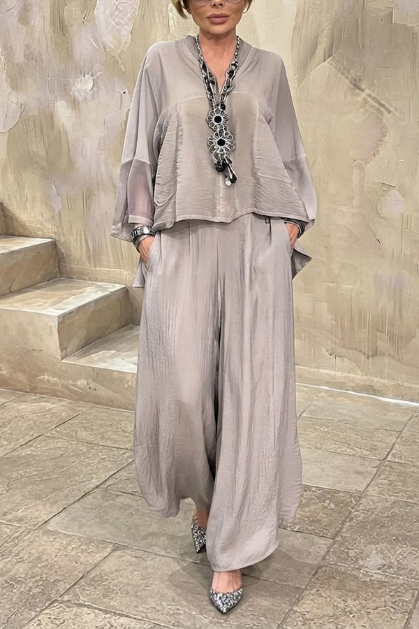 Melissa V-neck Sheer Batwing Sleeve Loose Blouse and Elastic Waist Pocketed Bell Hem Pants Set-Consonak