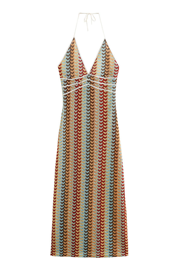 Playful Colorful Knit Holiday Style Halter Neck Maxi Dress-consonak