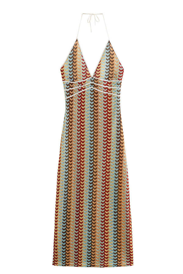 Playful Colorful Knit Holiday Style Halter Neck Maxi Dress-consonak
