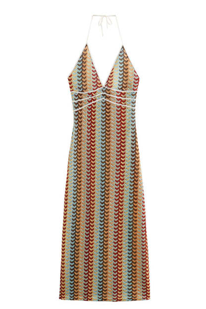 Playful Colorful Knit Holiday Style Halter Neck Maxi Dress-consonak