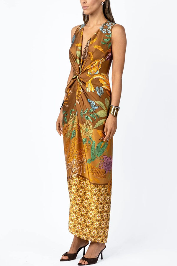 Naturally Inspired Satin Unique Floral Print Twist Waist Slit Drape Maxi Dress-consonak