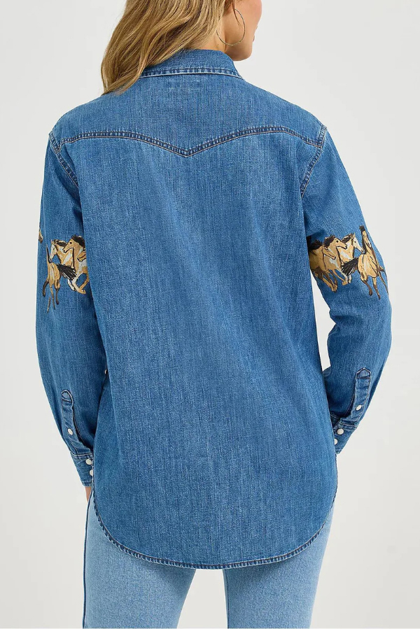 Stylish Horse Print Collared Long-Sleeved Casual Denim Jacket