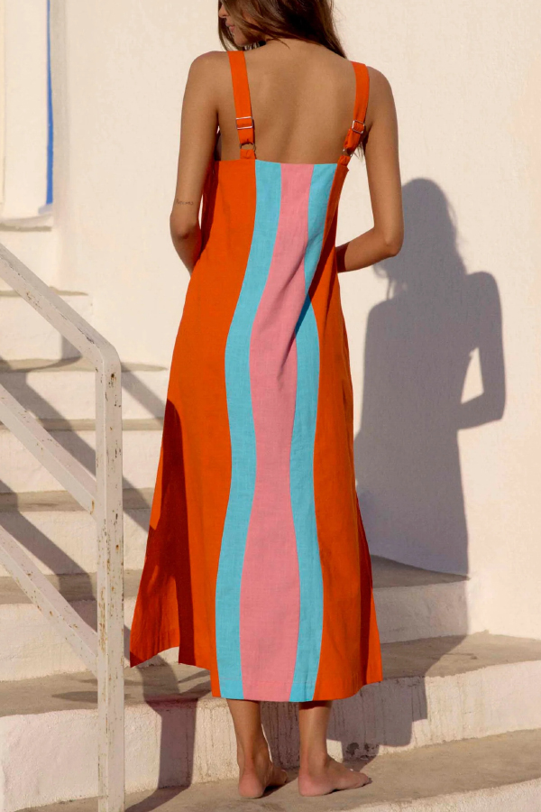 Fashionable Color-blocked Printed Square Neck Sleeveless Vacation-style Maxi Dress