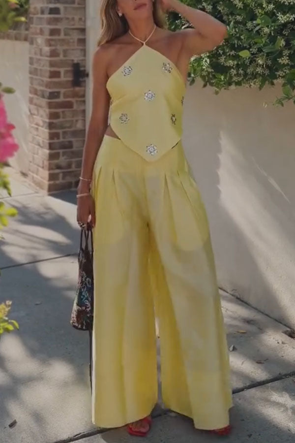 Jamie Satin Sparkling Flowers Halter Backless Tank and High Rise Pocket Wide Leg Pants Set
