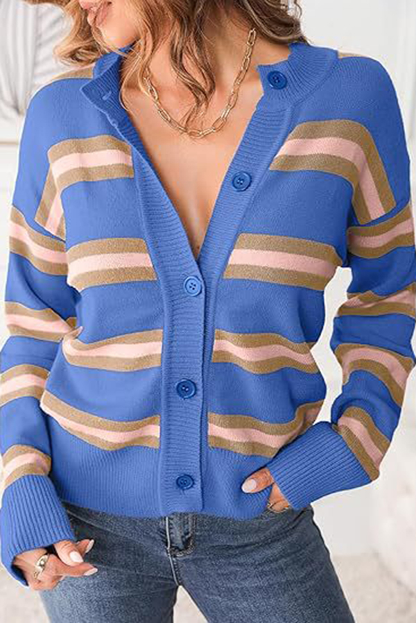 Colorblock Striped Knitted Long-sleeve Cardigan-consonak