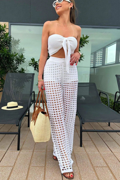 Riley Knit Front Knotted Bandeau and Stretch Hollow Out Wide Leg Pants Set-consonak