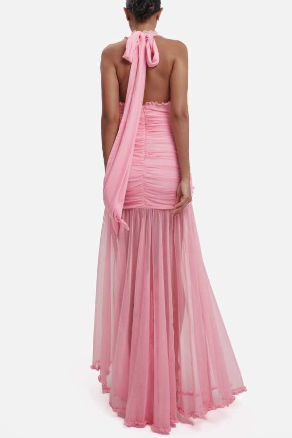 Elegant V-neck Sleeveless Pleated Ribbon Mesh Hem Maxi Dress-consonak
