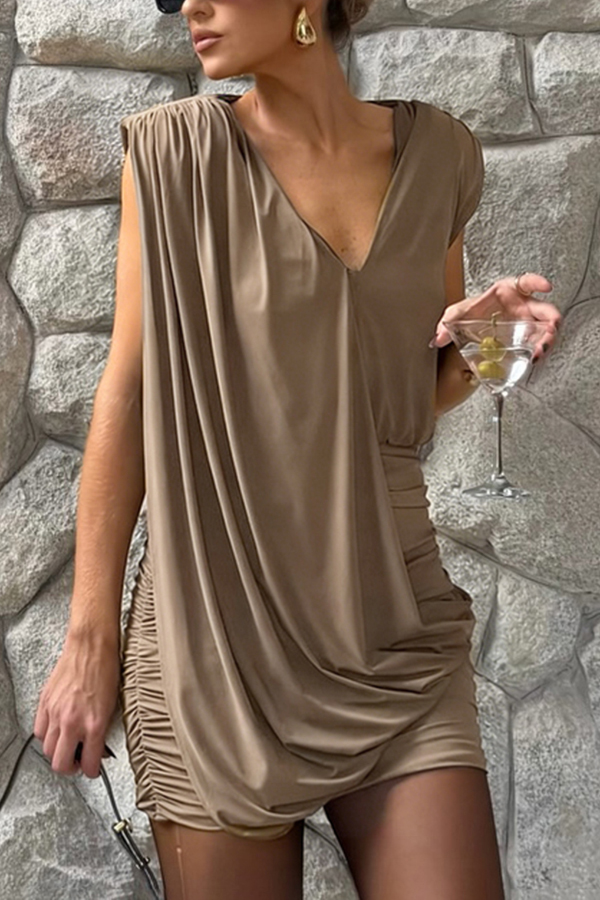 Solid Color Casual Sleeveless V-neck Elegant Pleated Mini Dress
