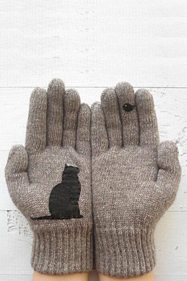 Printed Knitted Gloves Short Thickened Warm Finger Gloves-Cat-consonak