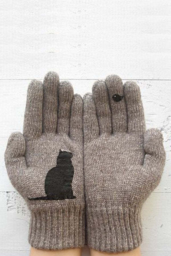 Printed Knitted Gloves Short Thickened Warm Finger Gloves-Cat-consonak