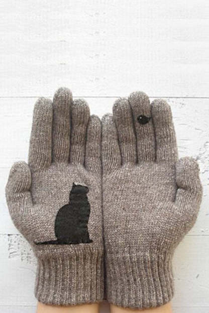 Printed Knitted Gloves Short Thickened Warm Finger Gloves-Cat-consonak